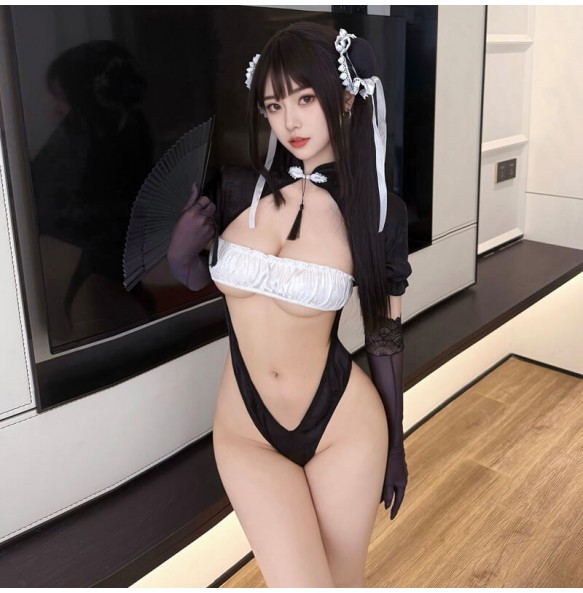 FEE ET MOI - Chinese-Style Maid Crotchless Bodysuit Set (Black - White)